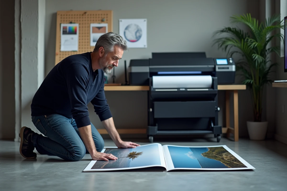 Photographe professionnel comparant des tirages photo imprimés avec une imprimante jet d'encre en studio