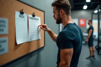 Homme consultant son planning d'entraînement sportif sur un calendrier de semaine impaire affiché dans une salle de sport moderne