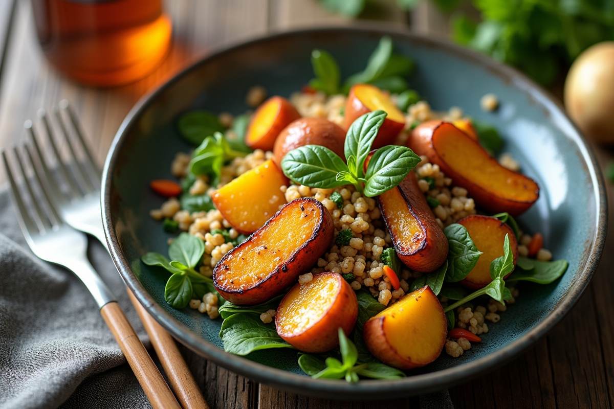 Assiette de navets rôtis avec quinoa et légumes colorés en présentation appétissante