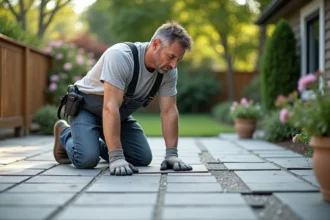 Homme en vêtements casual pose sur une terrasse en posant des dalles