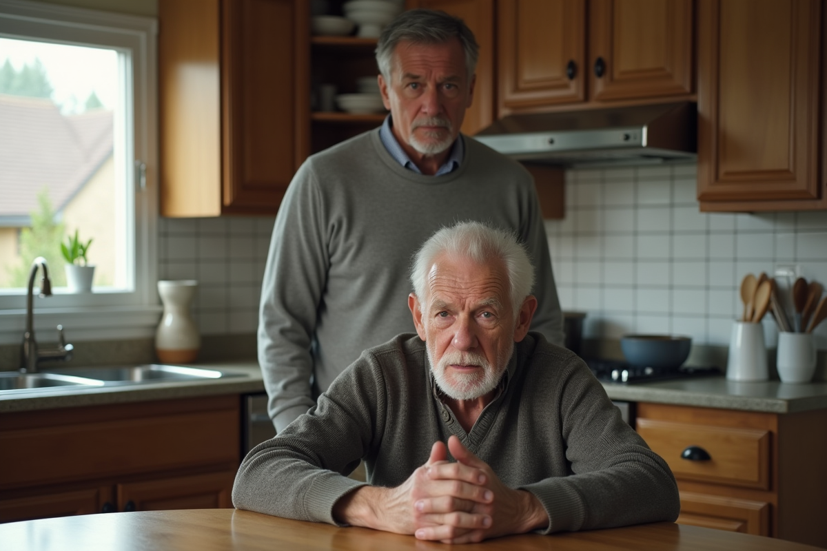 Un jeune homme et son père dans une cuisine modeste