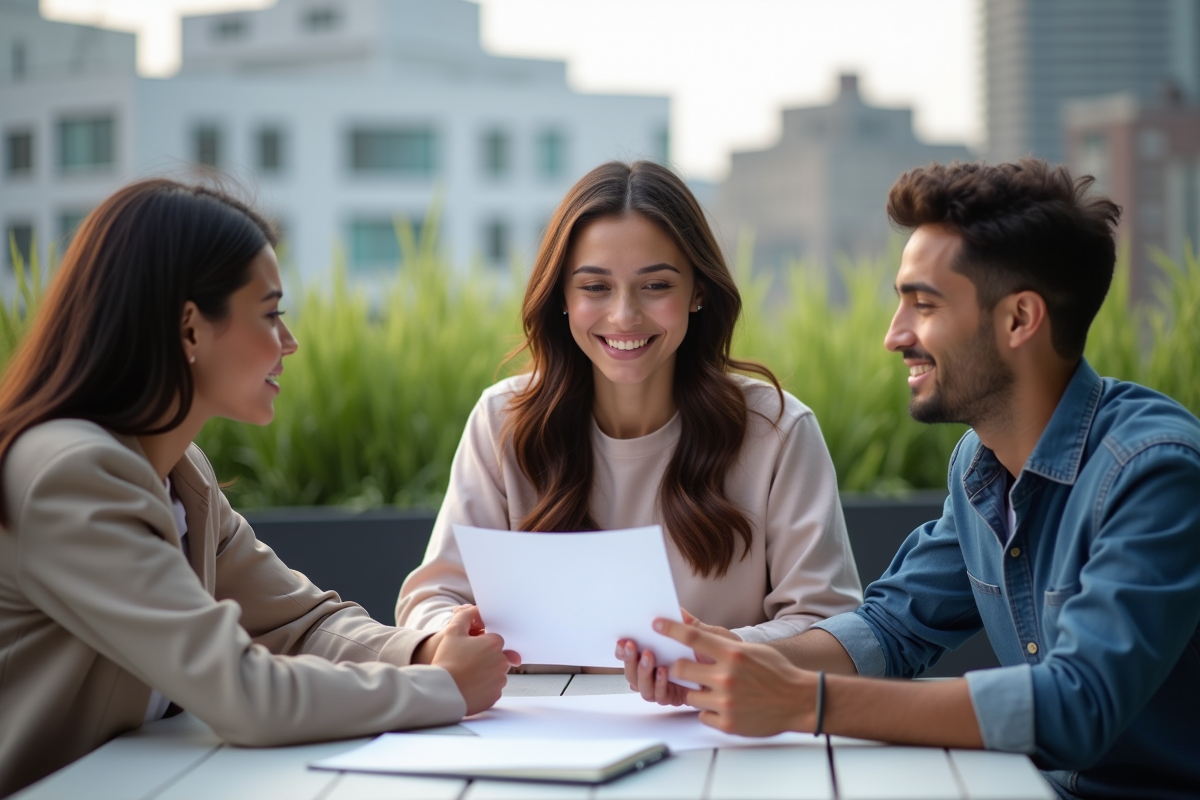 Groupe de jeunes adultes discutant en extérieur sur un toit