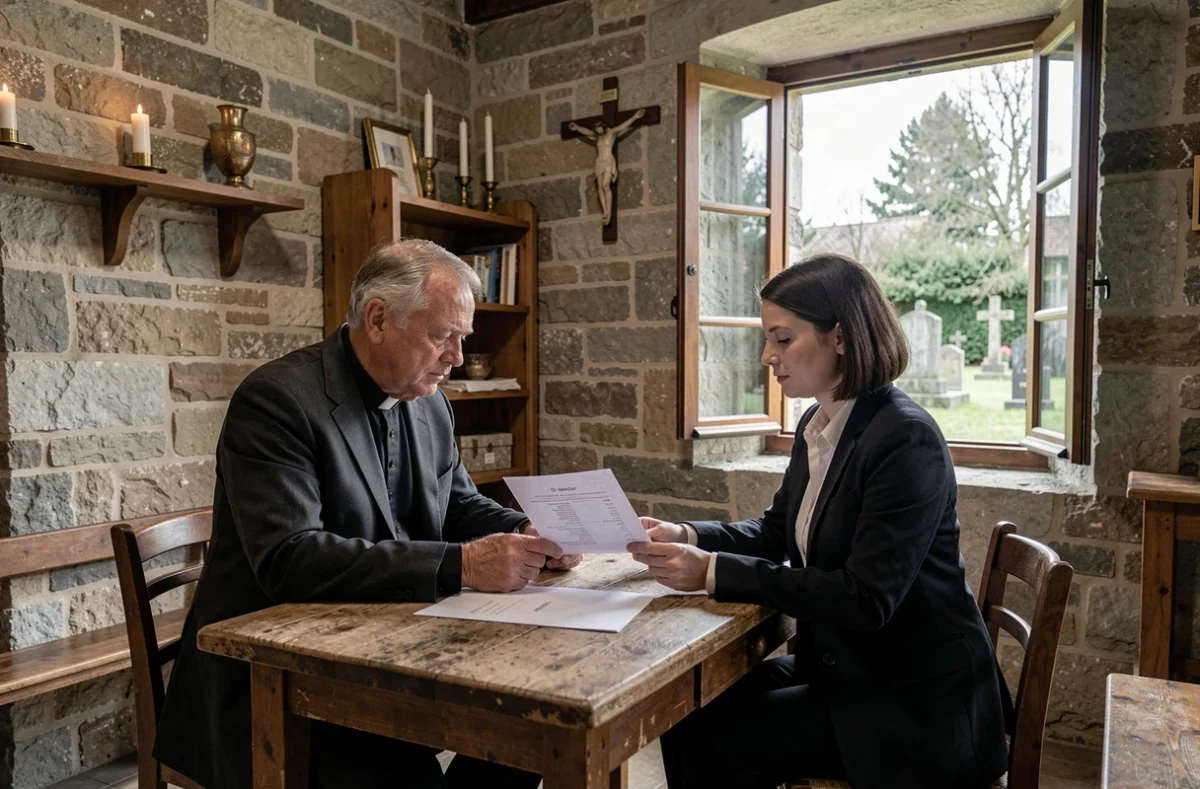Prêtre et conseillère funéraire discutant du programme musical des funérailles dans la sacristie