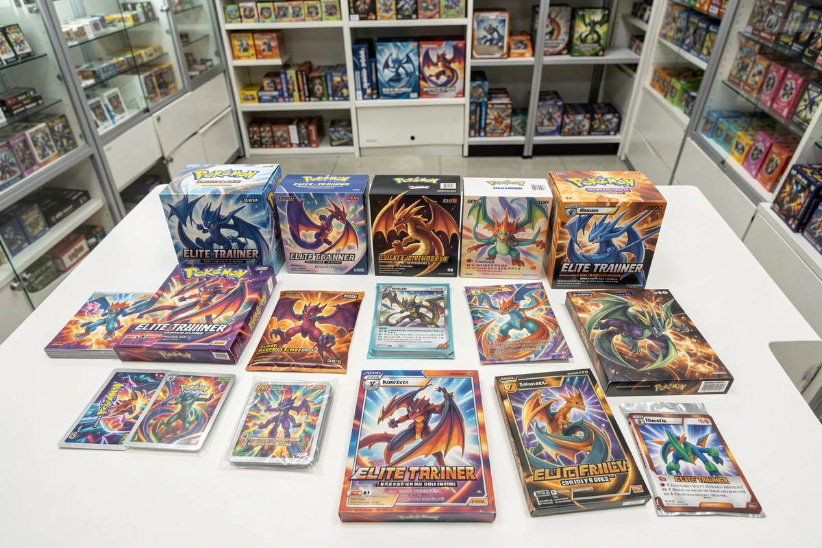 Présentation complète des produits Pokémon EV10.5 sur une table de boutique spécialisée avec boosters et coffrets collectors