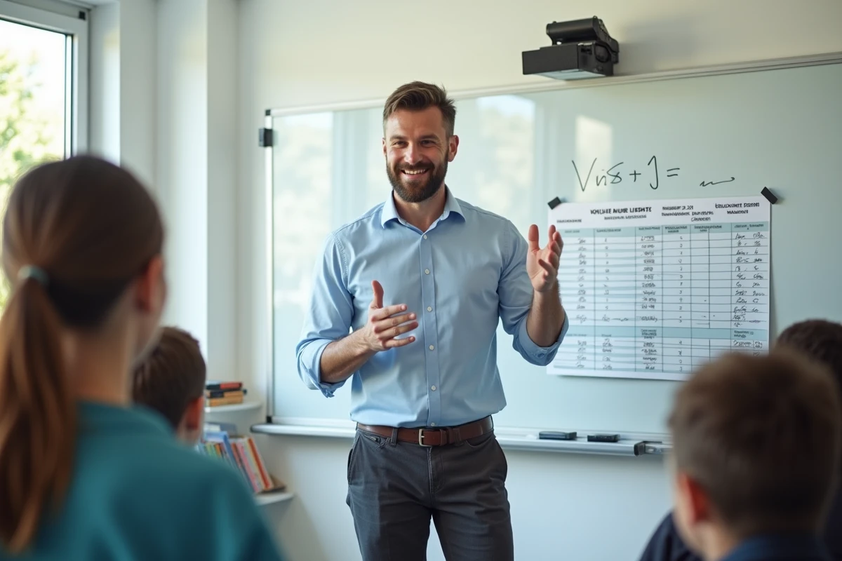 Professeur de maths expliquant un tableau de conversion en classe
