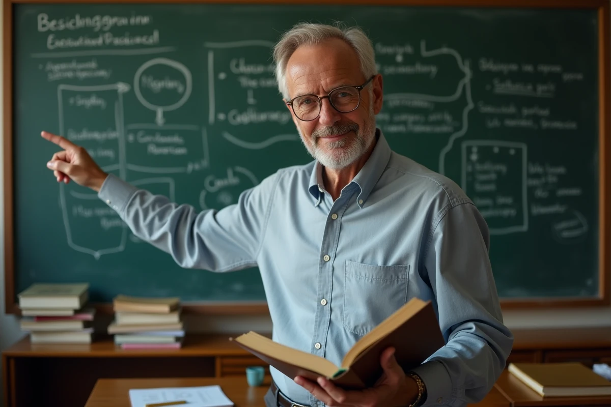 Professeur de sociologie expliquant le concept de fait social devant un tableau noir dans une salle de cours universitaire