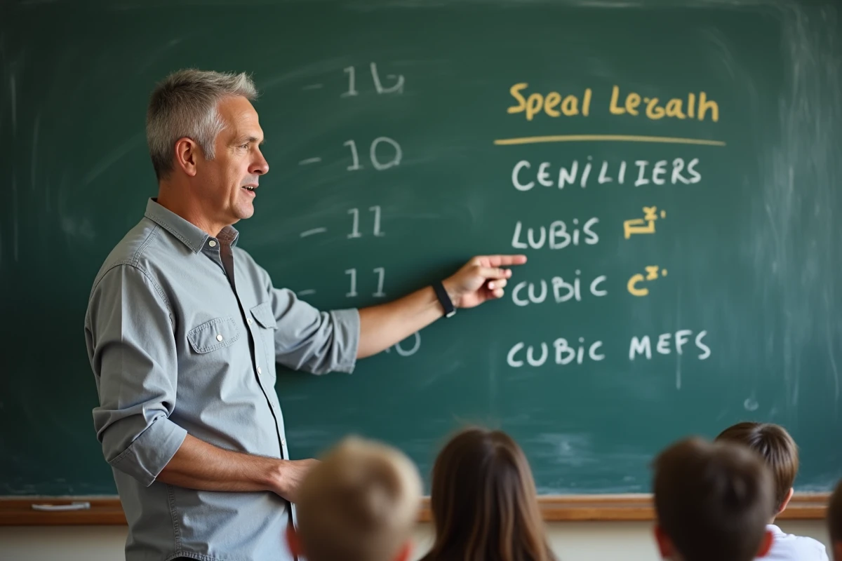 Instituteur expliquant la conversion des unités de volume cm cube et litre au tableau dans une salle de classe