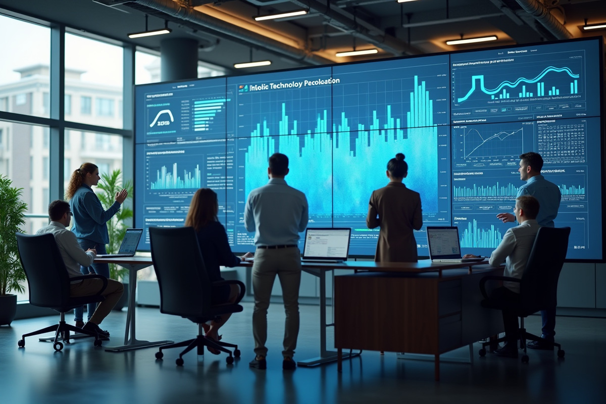 Professionnels collaborant dans un bureau moderne avec écrans numériques