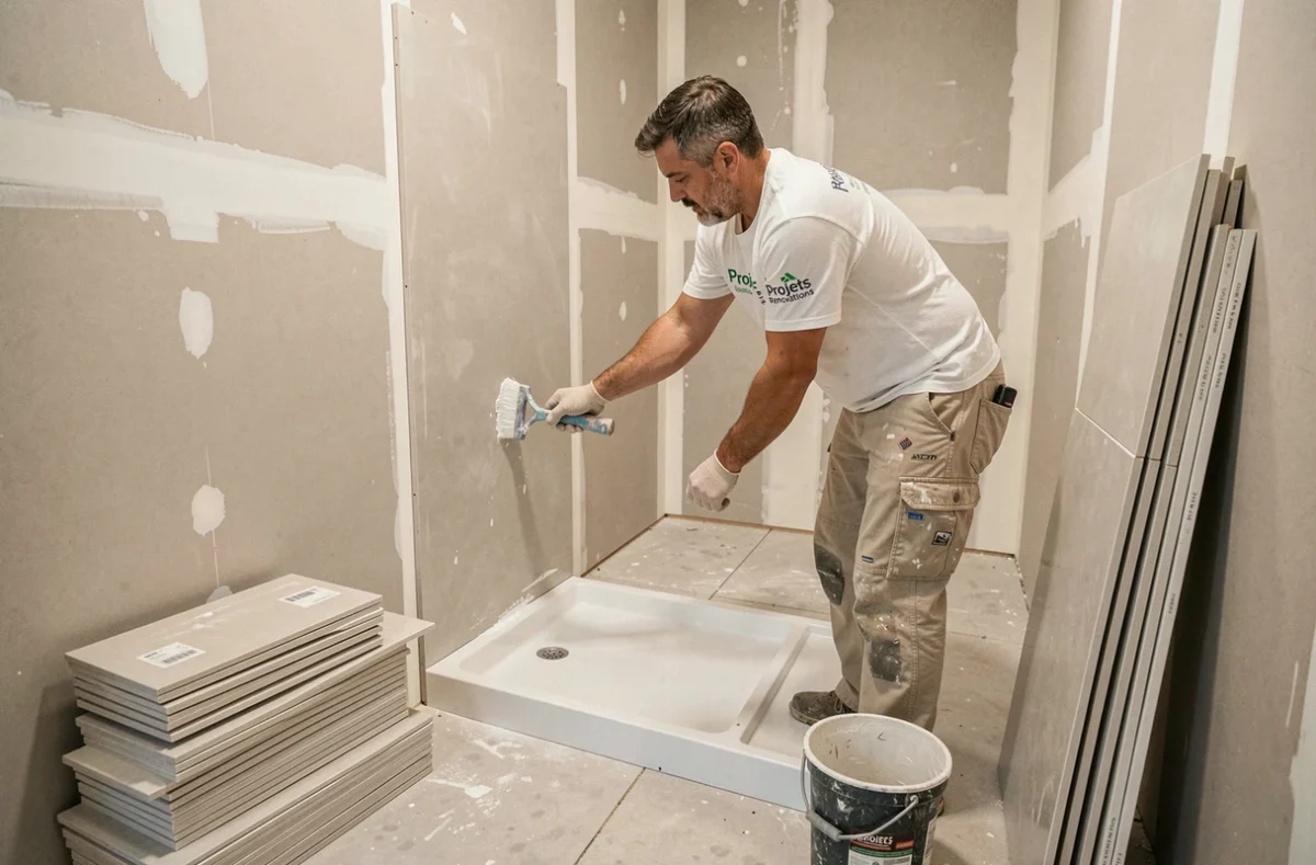 Spécialiste de Projets Renovations appliquant un joint d'étanchéité autour d'une douche à l'italienne à Limoges