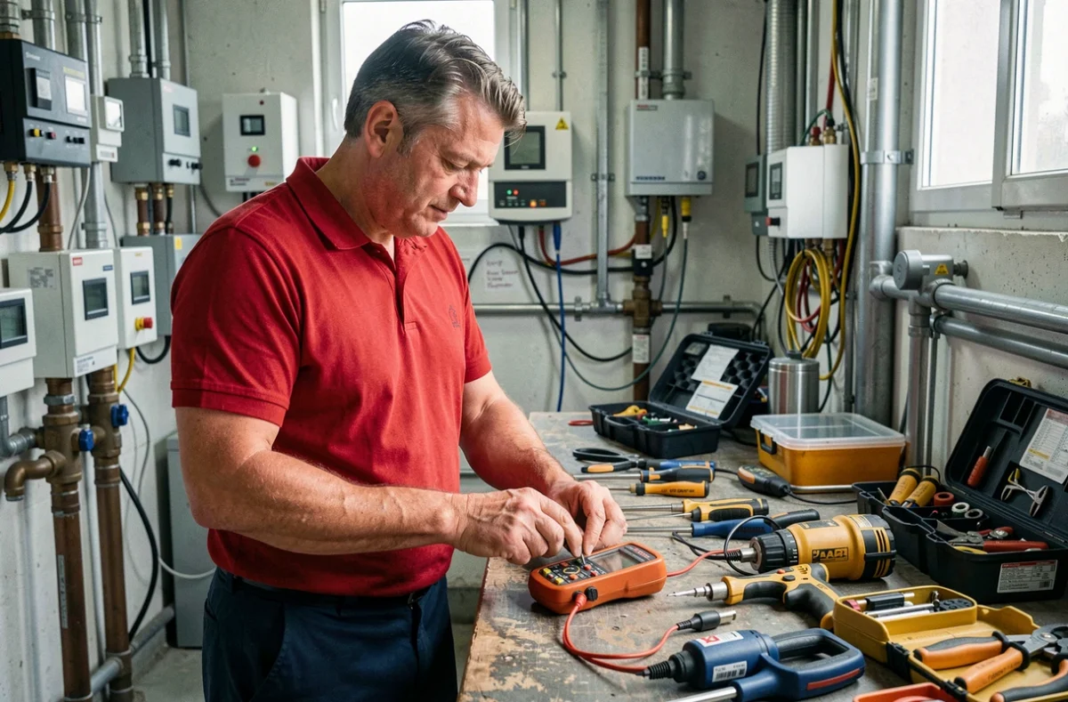 Technicien Qualitelec effectuant une inspection dans une chaufferie commerciale à Saint-Étienne