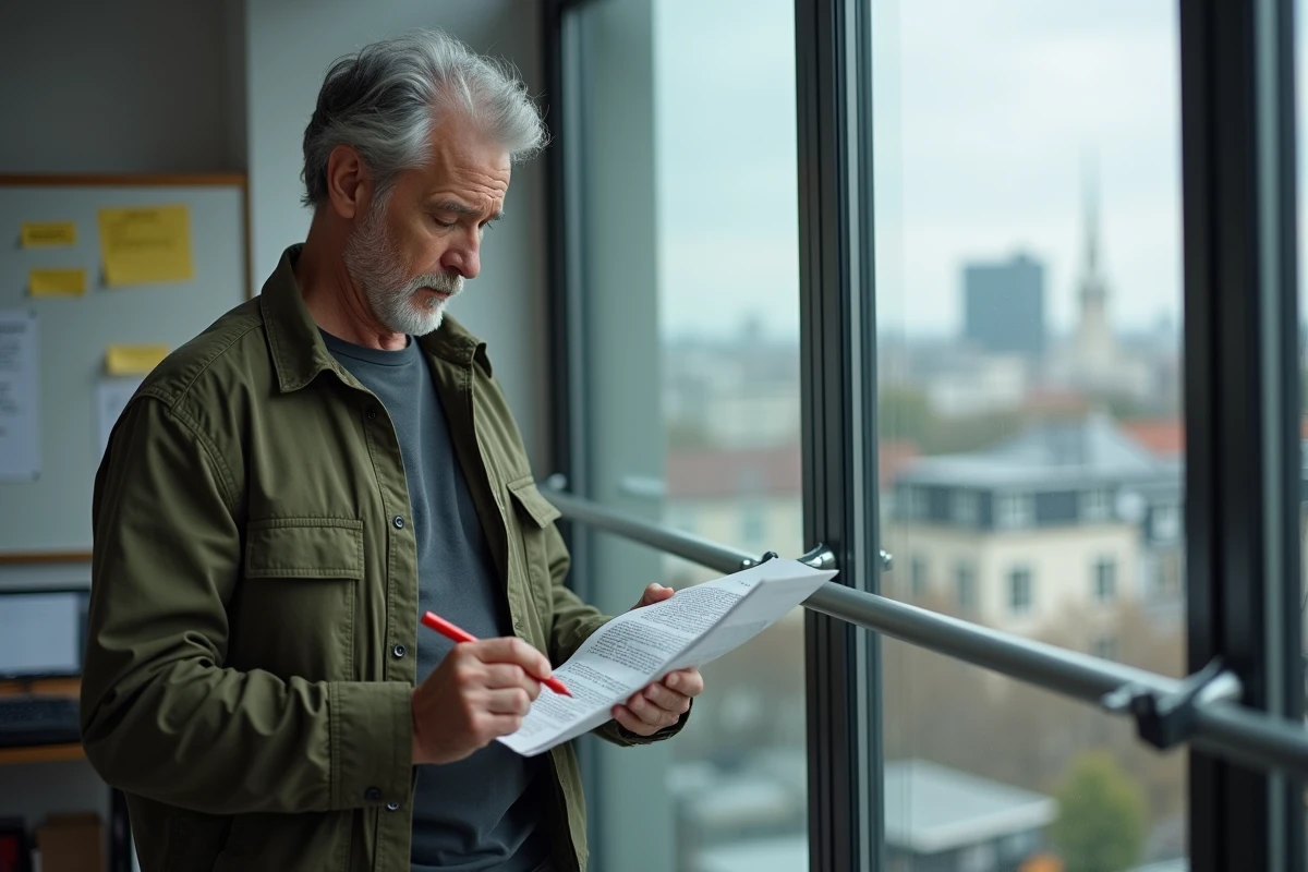 Rédacteur en chef de média spécialisé relisant un article géopolitique devant une fenêtre urbaine dans une salle de rédaction
