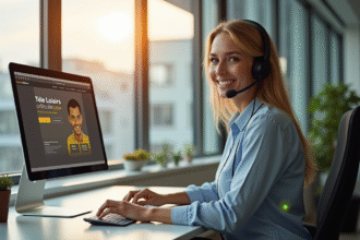 Représentant service client avec casque devant ordinateur