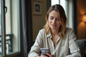 Femme consultant une application de réservation de vol avec affichage des fuseaux horaires Paris et Cayenne en Guyane