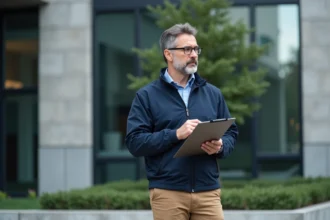 Responsable gestion bâtiment façade moderne et nature