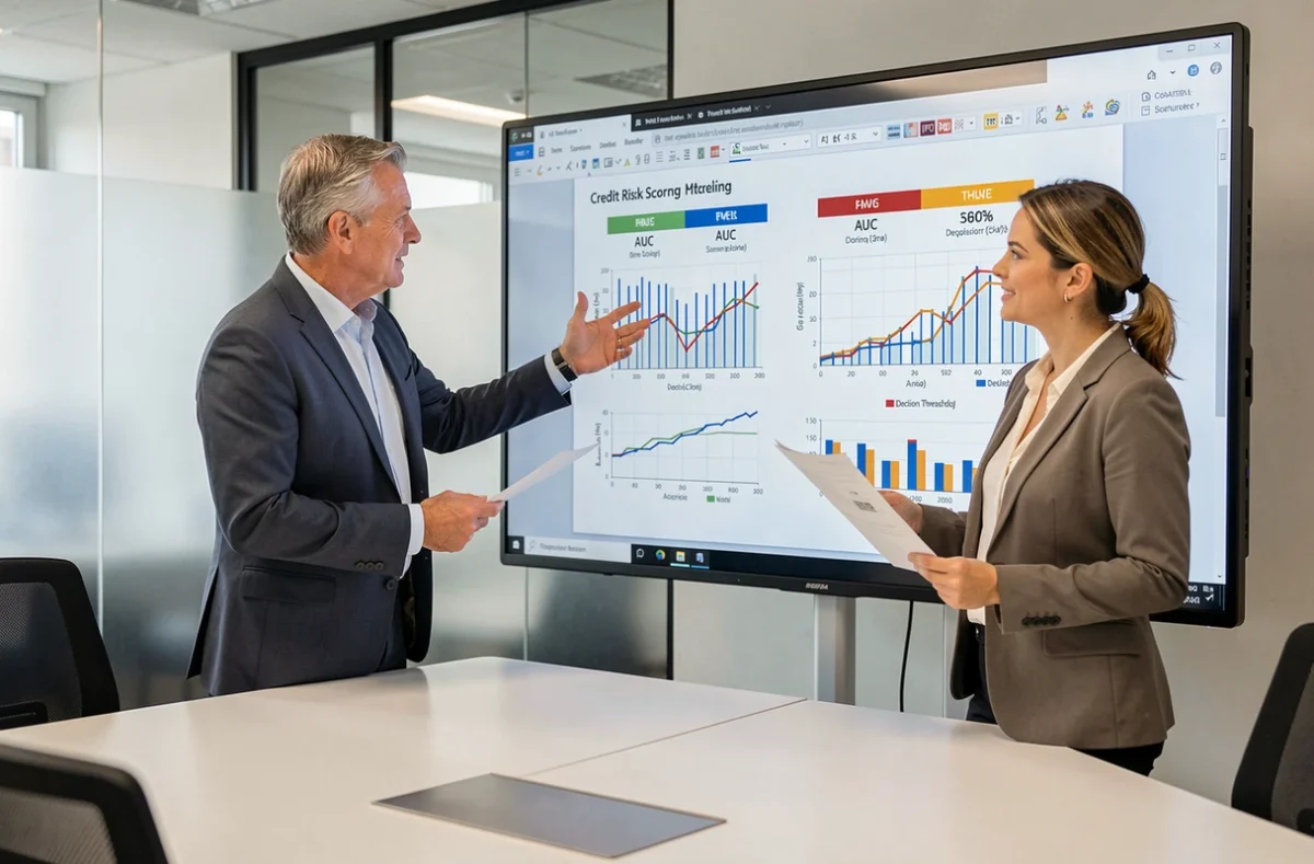 Deux professionnels de la finance discutant d'un modèle de scoring crédit et du score AUC sur un écran interactif en salle de réunion