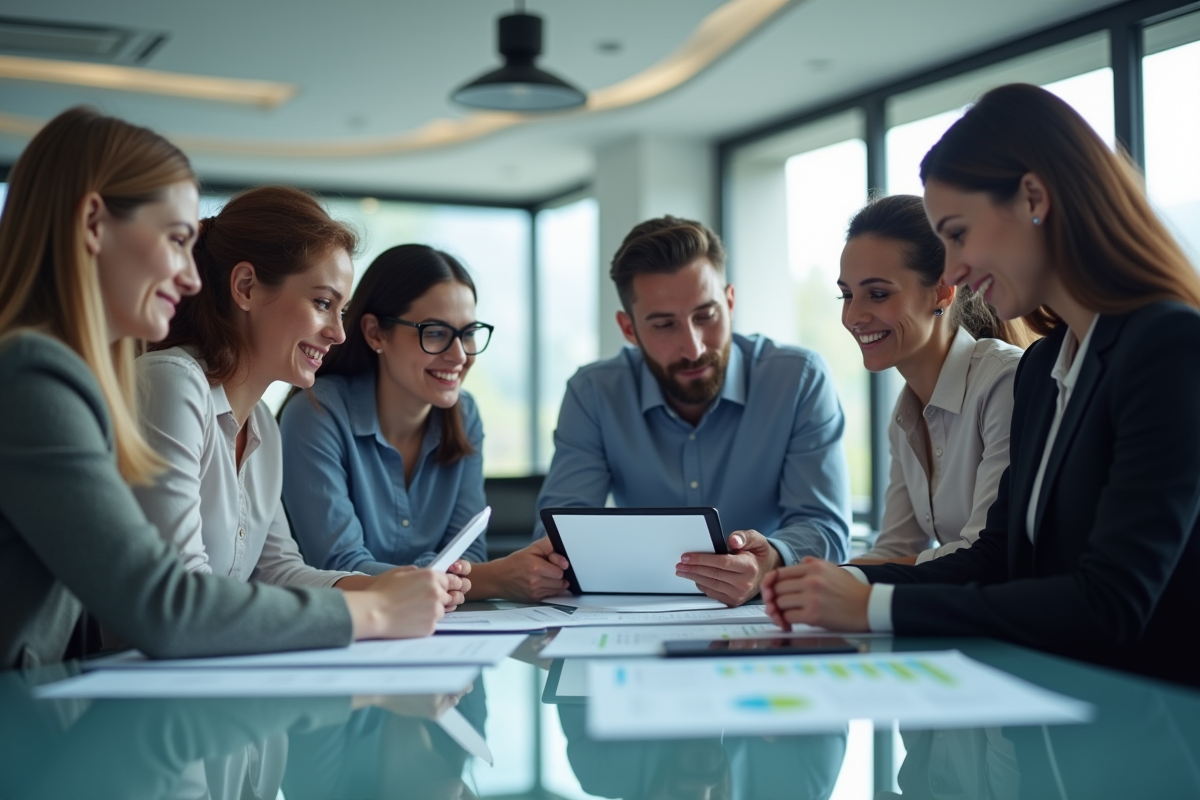 Groupe de professionnels discutant avec tablettes et laptops