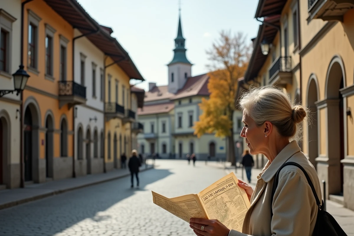Femme consultant une carte dans une rue historique d'une ville roumaine aux façades austro-hongroises colorées