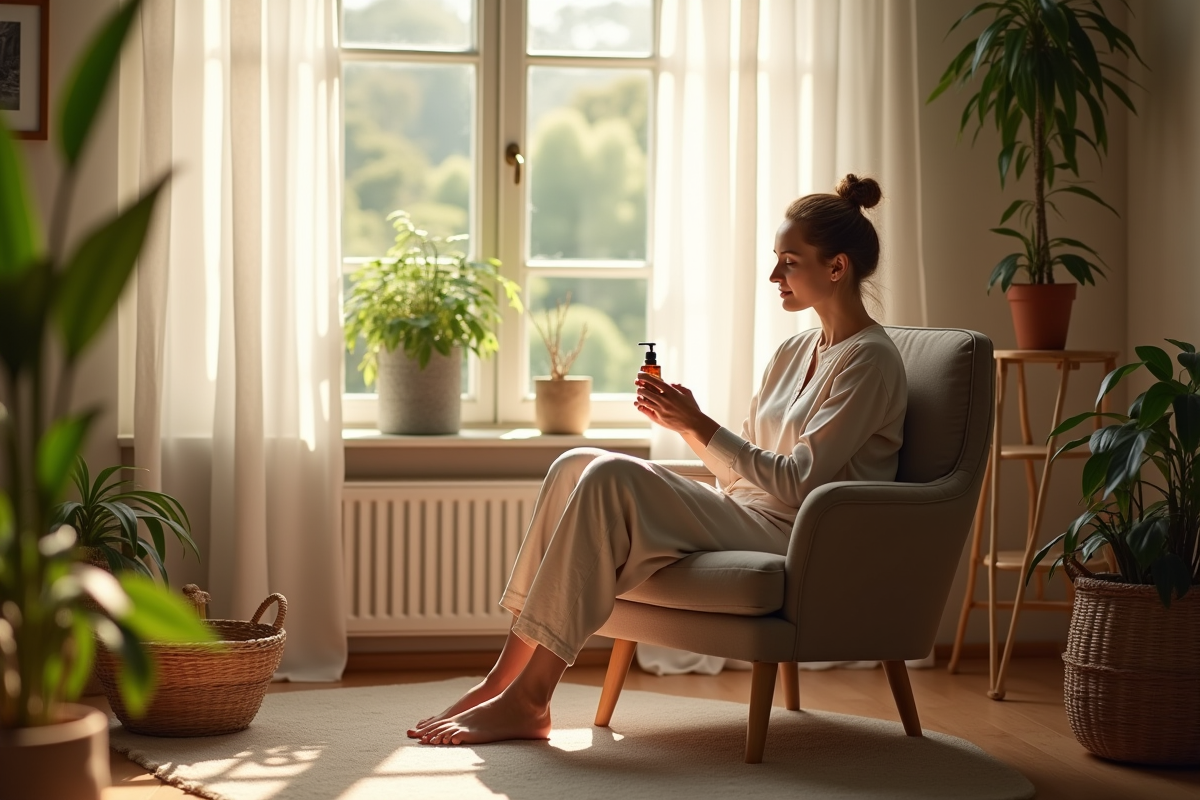 Salon lumineux avec femme pratiquant l