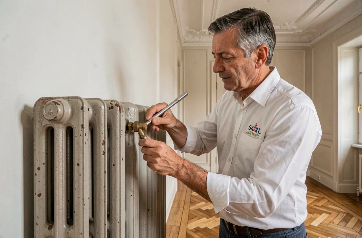Artisan de SARL Arti'Maitr posant un radiateur en fonte dans un appartement haussmannien à Limoges