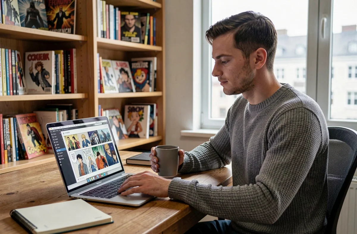 Homme lisant des scans manga yaoi sur ordinateur portable dans un bureau à domicile moderne