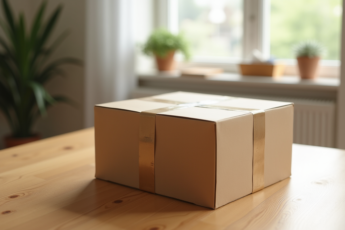 Carton solide scelle avec soin sur une table en bois
