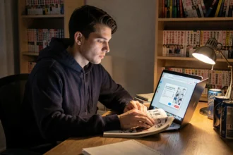 Jeune homme lisant des scans de manga en ligne tout en faisant face à un avertissement de sécurité sur son navigateur
