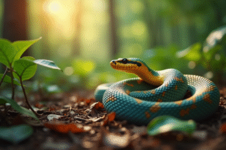 Serpent coloré enroulé sur le sol forestier