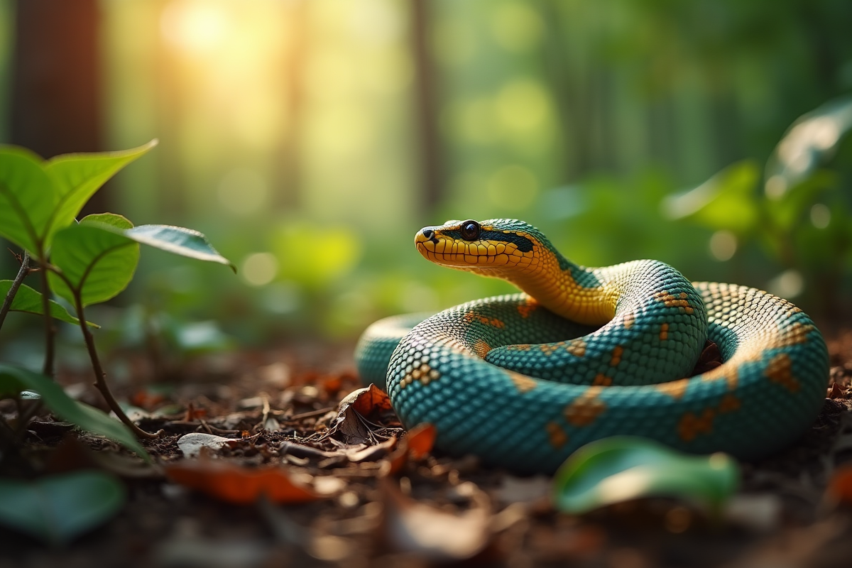 Serpent coloré enroulé sur le sol forestier