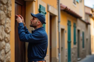 Serrurier professionnel travaillant sur une porte en bois dans une rue provençale du Vaucluse