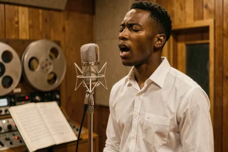 Jeune chanteur soul des années 1960 devant un microphone vintage dans un studio d'enregistrement analogique, recréant l'atmosphère des sessions d'enregistrement de Stand By Me