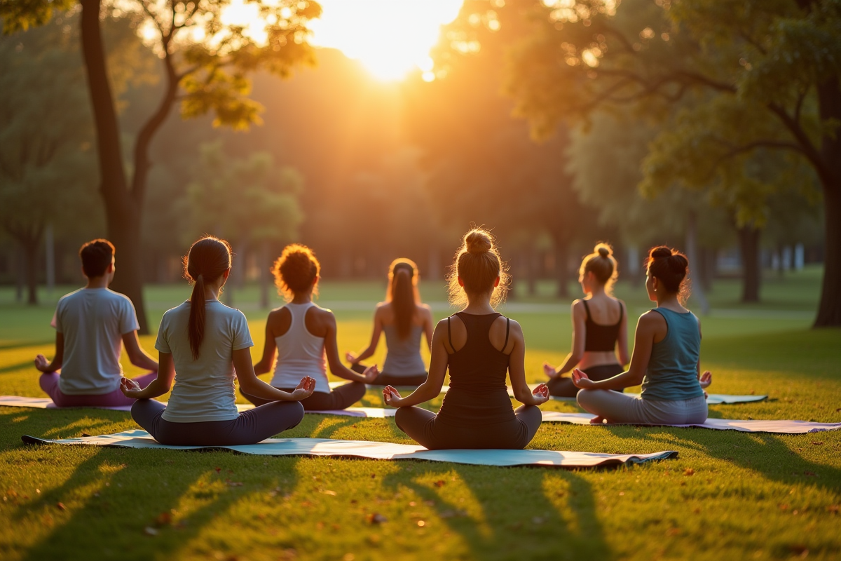 Séance de yoga en plein air au lever du soleil avec un groupe diversifié