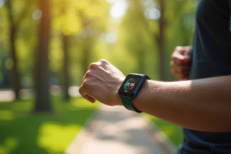 Personne vérifiant un tracker d'activité en plein air