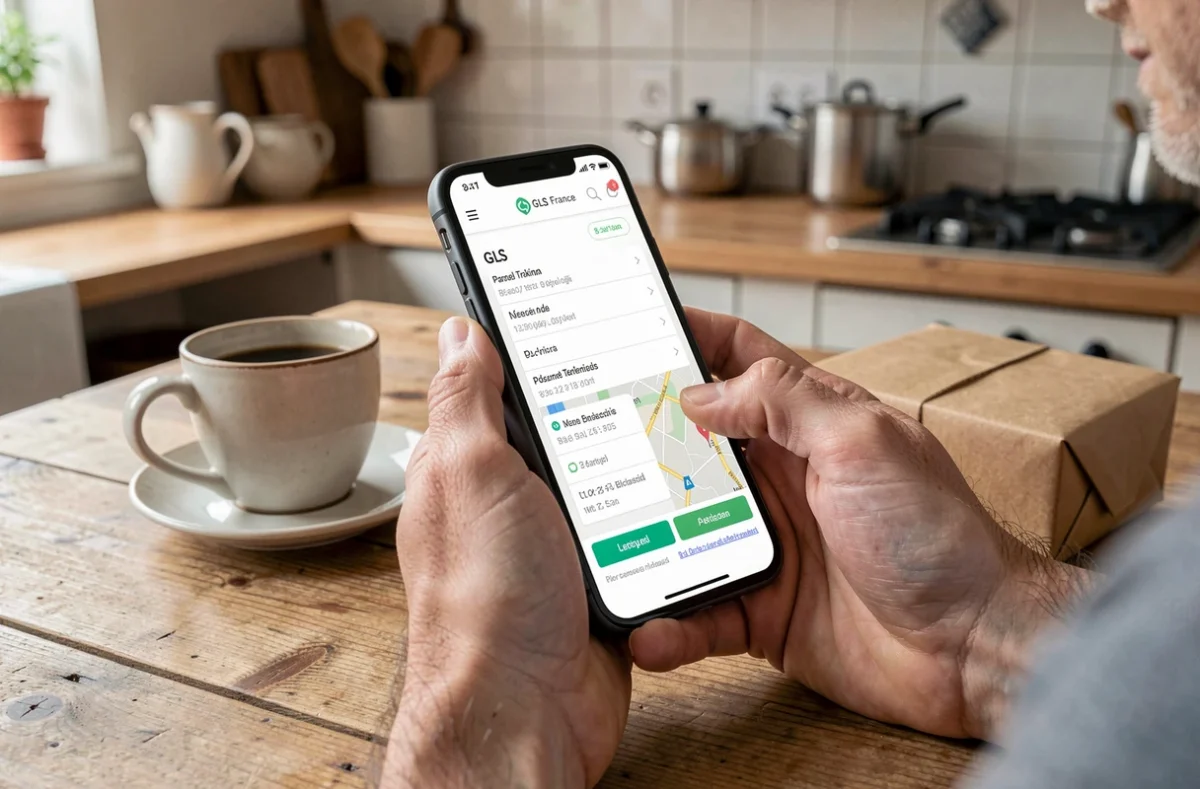 Mains tenant un smartphone affichant le suivi de colis GLS France avec une carte et les étapes de livraison