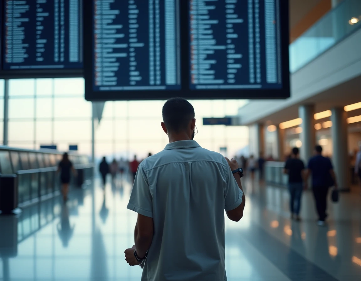 Homme vérifiant l'heure et les vols au départ vers Cayenne Guyane sur un tableau d'affichage dans un aéroport international