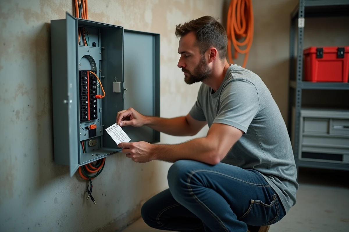 Homme consultant une fiche de conversion ampères-watts devant un tableau électrique dans une buanderie