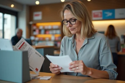 Femme examinant un tableau de tarification des lettres dans un bureau de poste en France