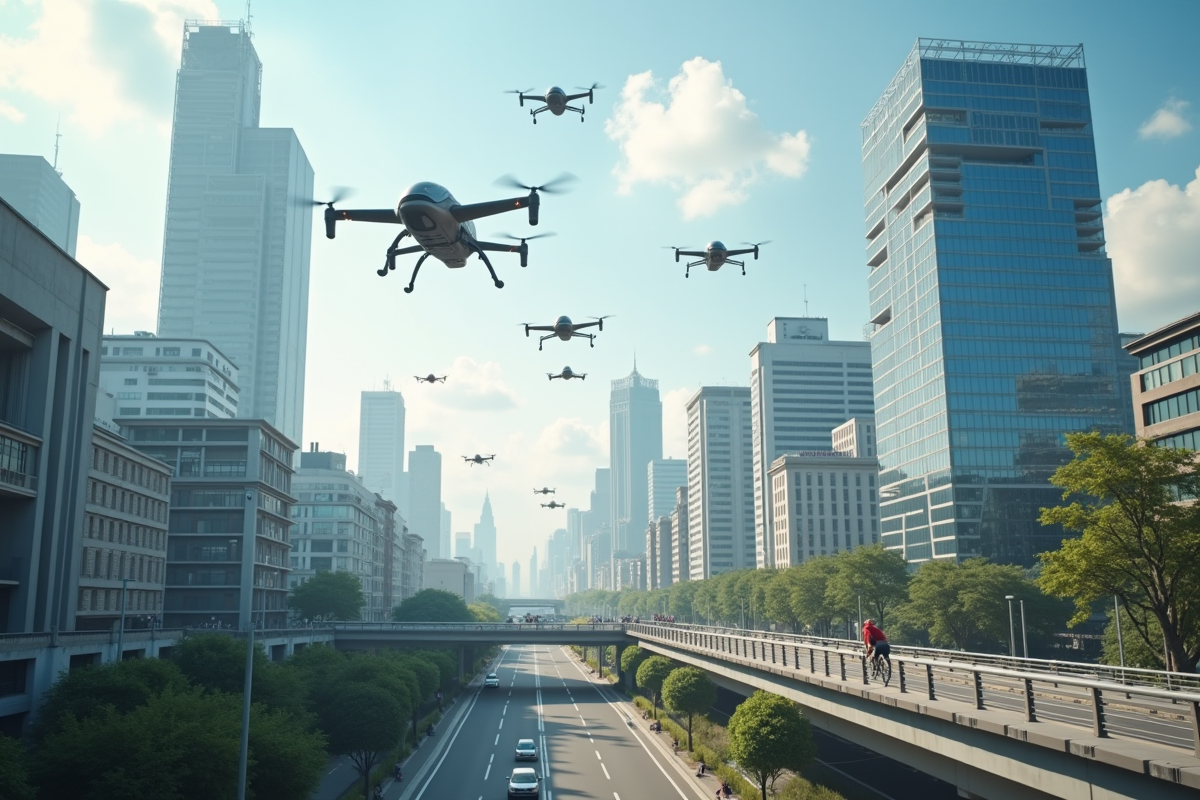 Taxis volants au-dessus d une ville moderne avec piétons et cyclistes