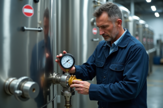 Technicien en combinaison vérifiant une valve à hydrogène