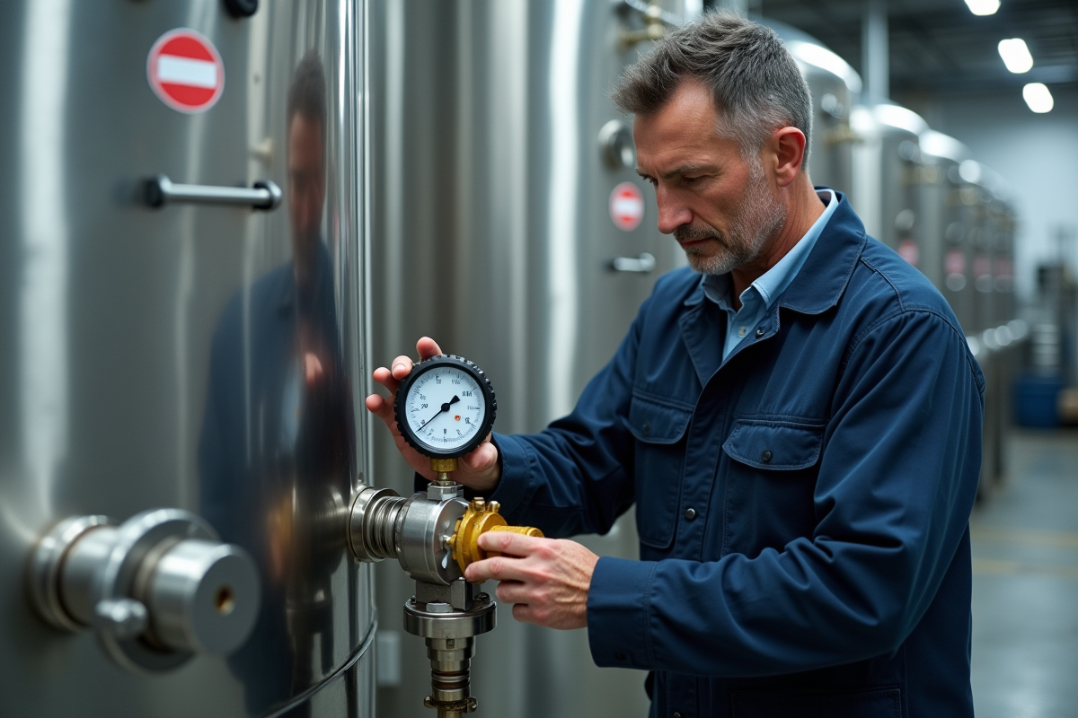 Technicien en combinaison vérifiant une valve à hydrogène