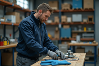 Technicien homme inspectant des gants de sécurité en atelier