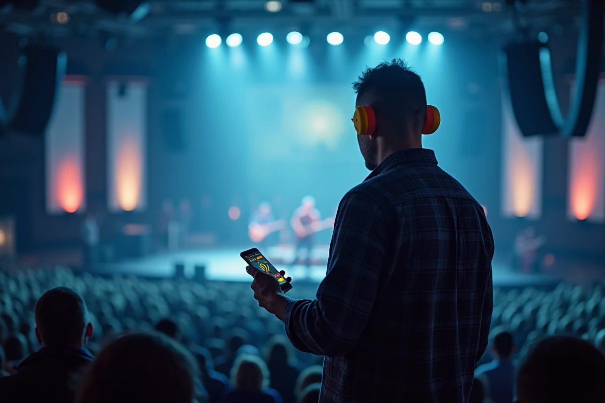 Technicien son portant des bouchons d'oreilles et mesurant le niveau sonore avec un smartphone lors d'un soundcheck en salle de concert