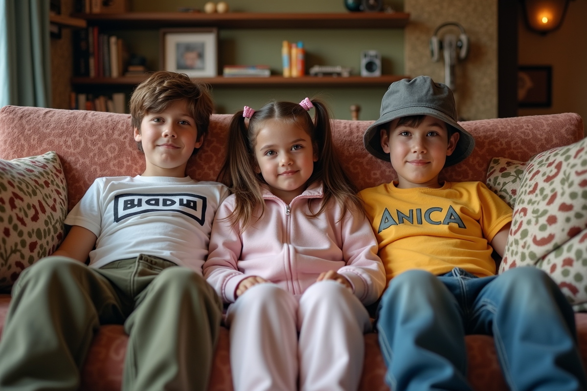 Trois adolescents en mode Y2K dans un salon rétro