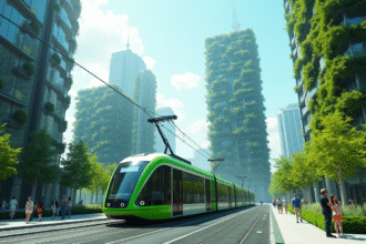 Tram électrique futuriste dans une ville verte et solaire
