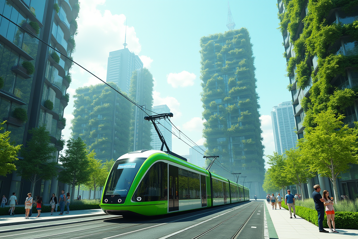 Tram électrique futuriste dans une ville verte et solaire