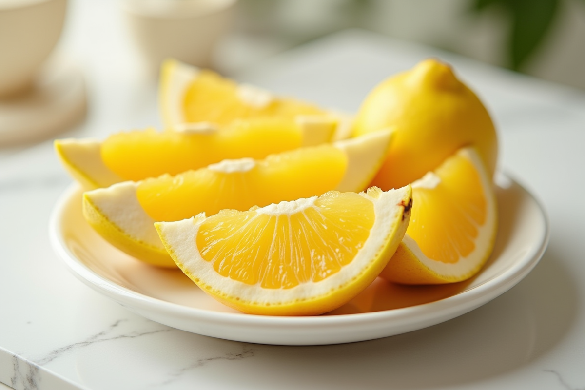 Tranches de starfruit et soursop sur assiette blanche