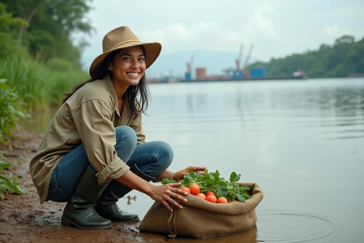 Jeune femme récoltant des produits de la rivière dans la boue