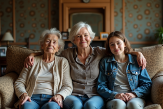 Trois générations de femmes assises sur un canapé vintage