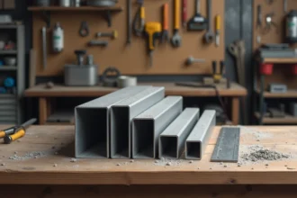 Tubes carrés en aluminium de différentes tailles posés sur un établi en bois dans un atelier professionnel