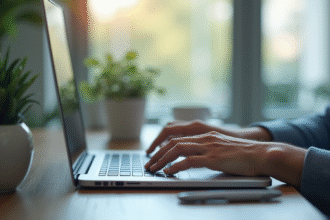 Personne utilisant la banque en ligne sur un ordinateur portable dans un bureau lumineux