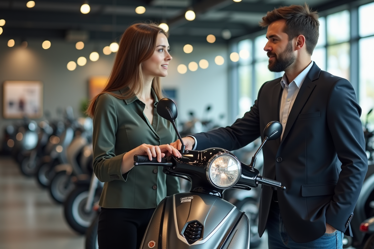 Femme vendeuse montrant une moto à un client dans un showroom moderne